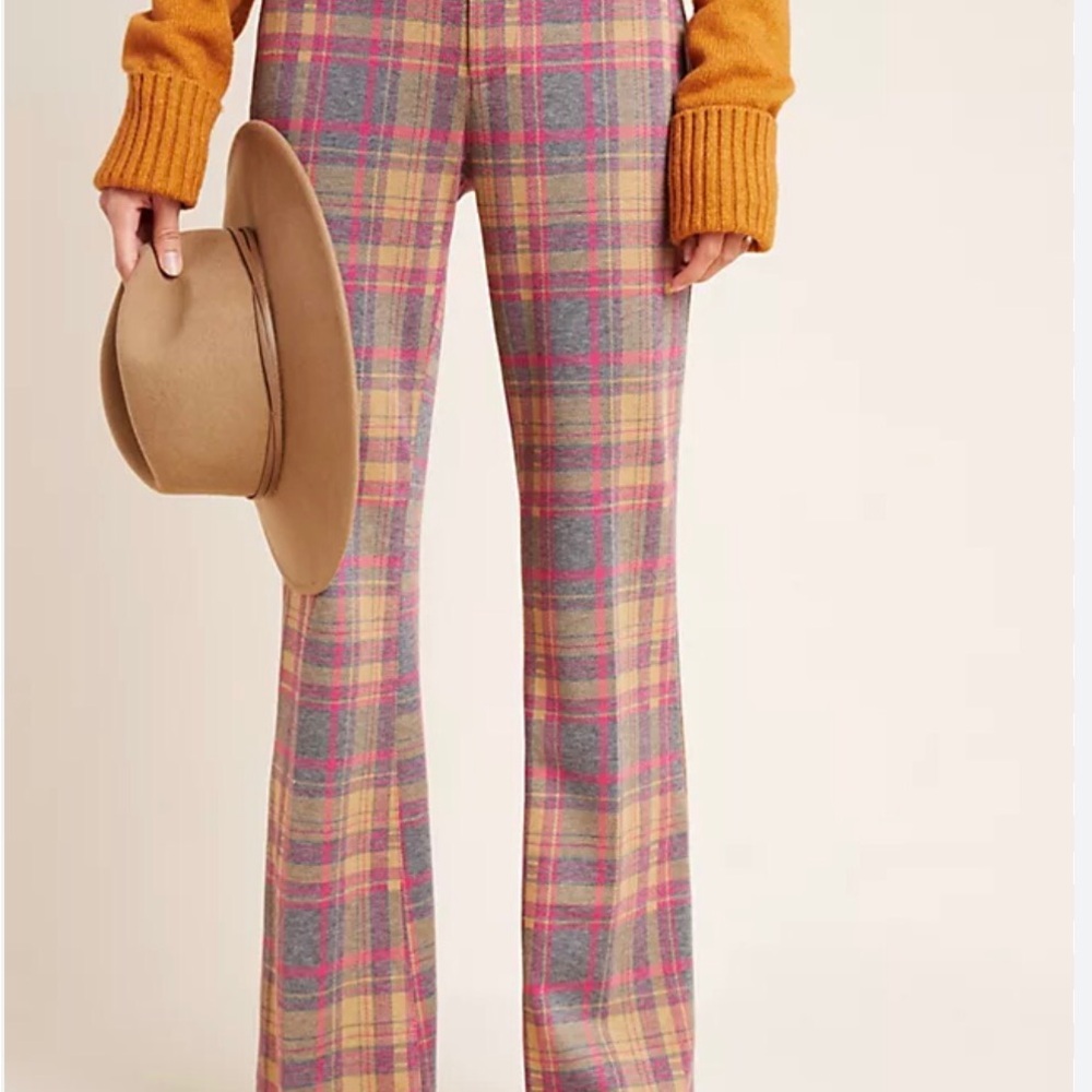 Anthropologie Essential Plaid Flare Trousers Gray,Pink,Tan size 0